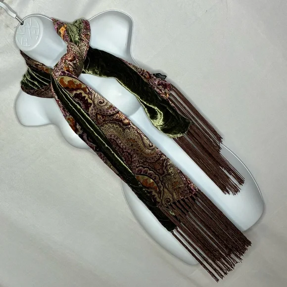 Ellen Tracy Velvet Paisley Fringe Scarf in Olive Green & Brown - Picture 1 of 5